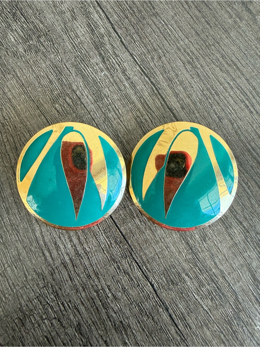 Gold-Tone and Teal Enamel Round Earrings